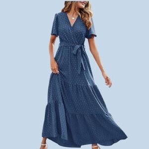 👗NWT👗 MASCOMODA Women's Swiss Dot, V-Neck, faux Wrap, Maxi Dress